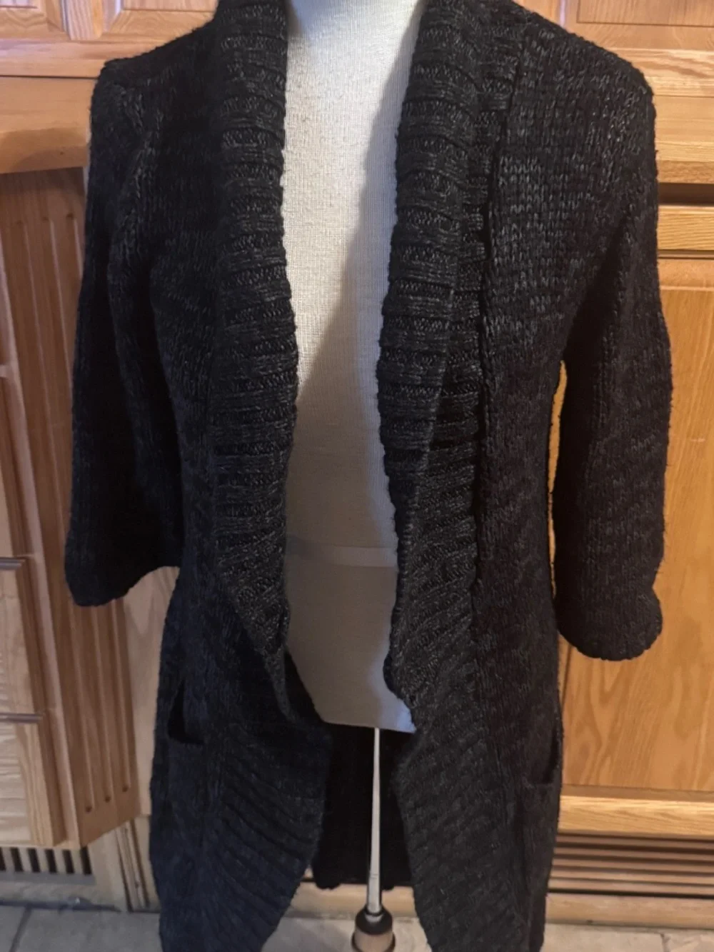 Women's Candies XL Knee Length Open Front 3/4 Length Sleeves Black Sweater